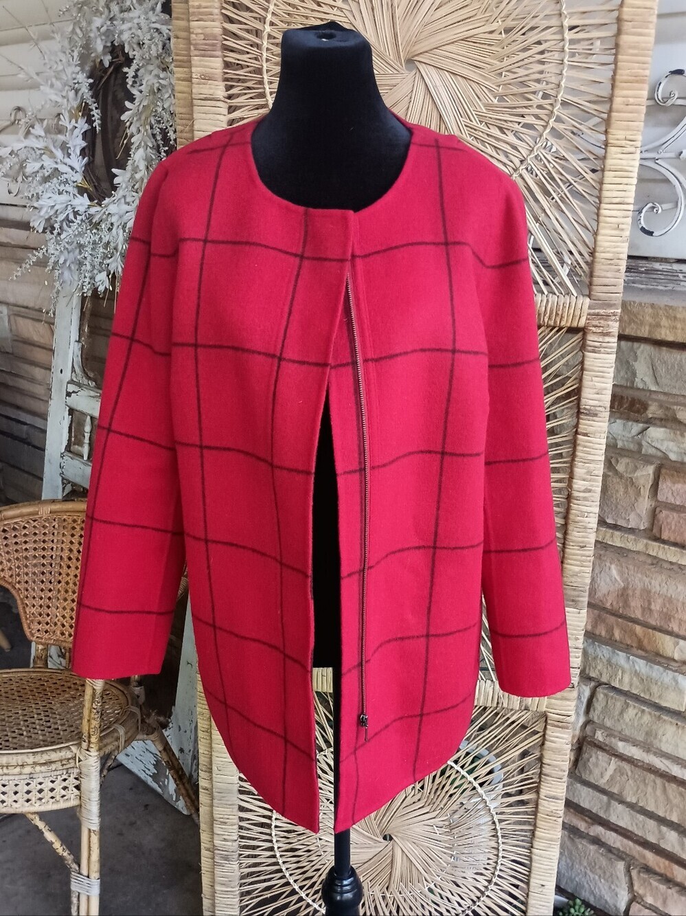 Talbots Red Windowpane Wool Blend Zip-Up Petite Jacket